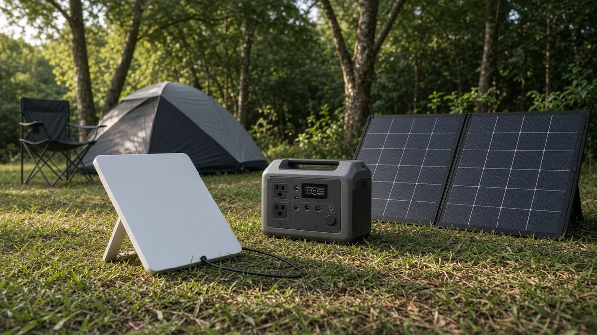 Illustration of a flat rectangular satellite internet terminal on a kickstand with a folding solar panel and portable power station at a wooded campsite