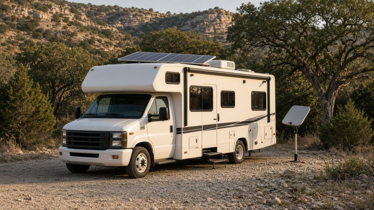Illustration of a white RV with rooftop solar panels and a compact satellite dish on a pole at a Texas Hill Country campsite
